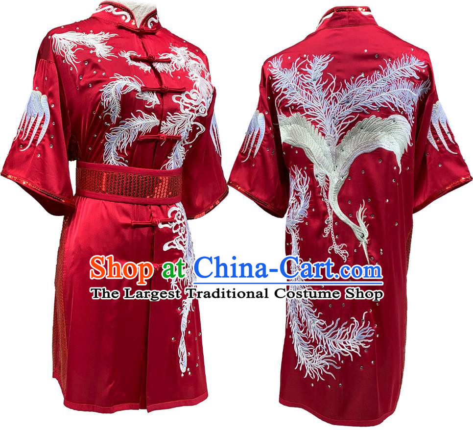 Custom Made Wushu Martial Arts Competition Costume Embroidered Phoenix Tails Red Changquan Suit Kung Fu Performance Uniform