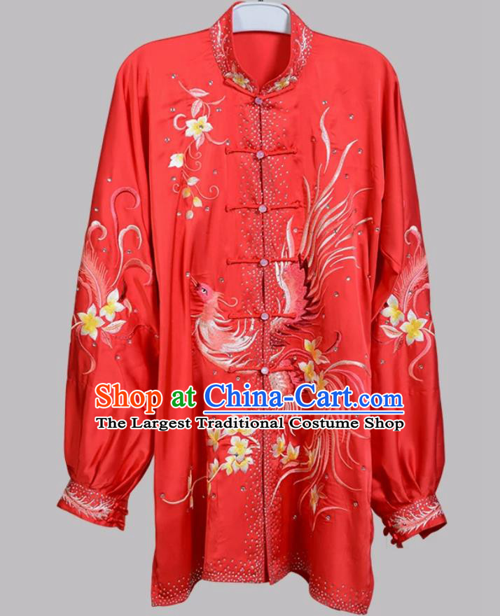 Red Phoenix Embroidered Tai Chi Uniform Chinese Kung Fu Clothing Tai Chi Performance Competition Wear