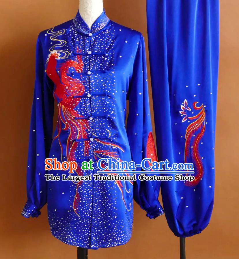 Blue Embroidered Dragon Head Phoenix Tail Tai Chi Uniform Kung Fu Competition Performance Costume Blue Embroidered Dragon Head Phoenix Tail Tai Chi Uniform Kung Fu Competition Performance Costume