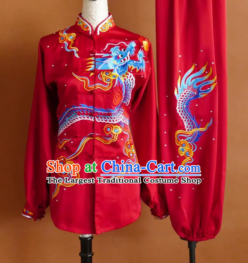 Embroidered Dragon Tai Chi Uniform Red Kung Fu Training Costume Martial Arts Performance Outfit