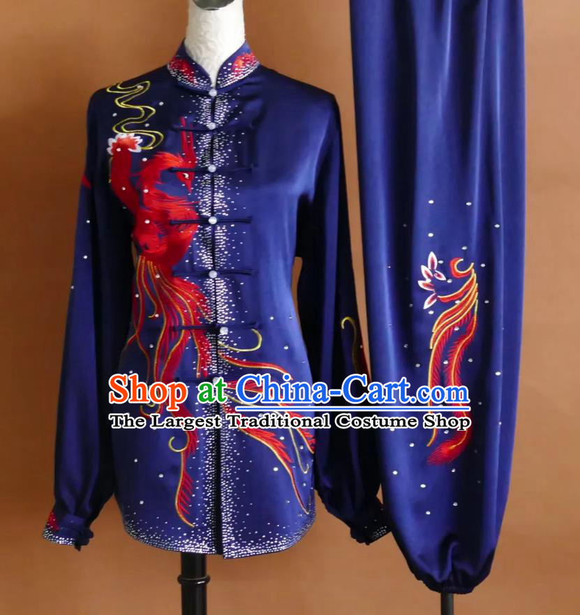 Rhinestone Mid Long Wushu Competition Performance Costume Phoenix Embroidery Tai Chi Dark Blue Uniform