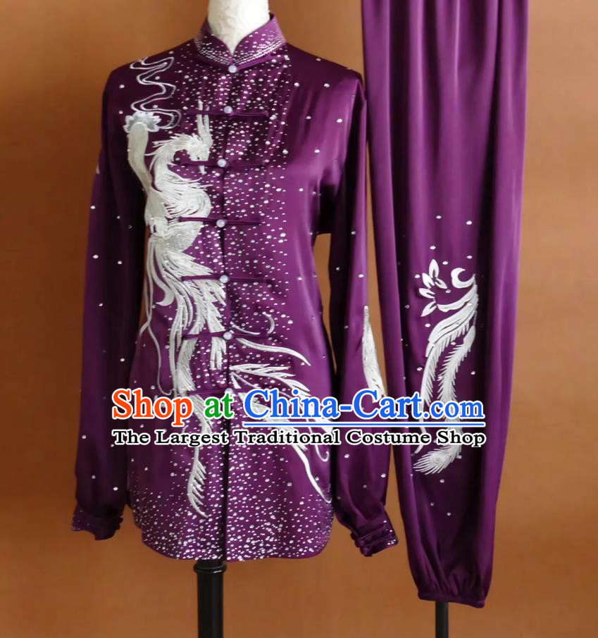 Phoenix Embroidery Tai Chi Purple Uniform Rhinestone Mid Long Wushu Competition Performance Costume