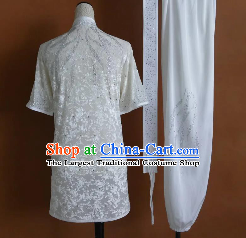 Hotfix Rhinestone Wushu Uniform Kung Fu Competition Performance Costume Changquan Performance White Outfit